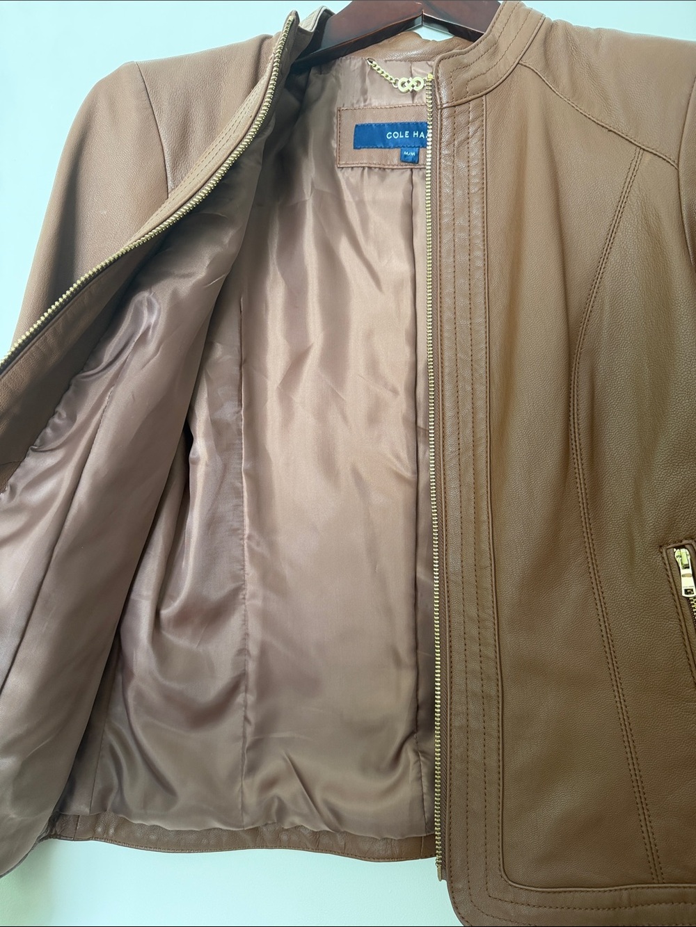 Cole Haan Japan Brown Genuine Leather Moto Jacket Gold Hardware Size M NWOT - Picture 10 of 16